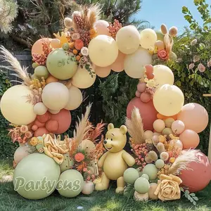 Dusty green pink yellow balloon garland double stuffed pastel light yellow mist green peach balloon arch kit ivory white sand mauve color for bear baby shower birthday wedding party decoration