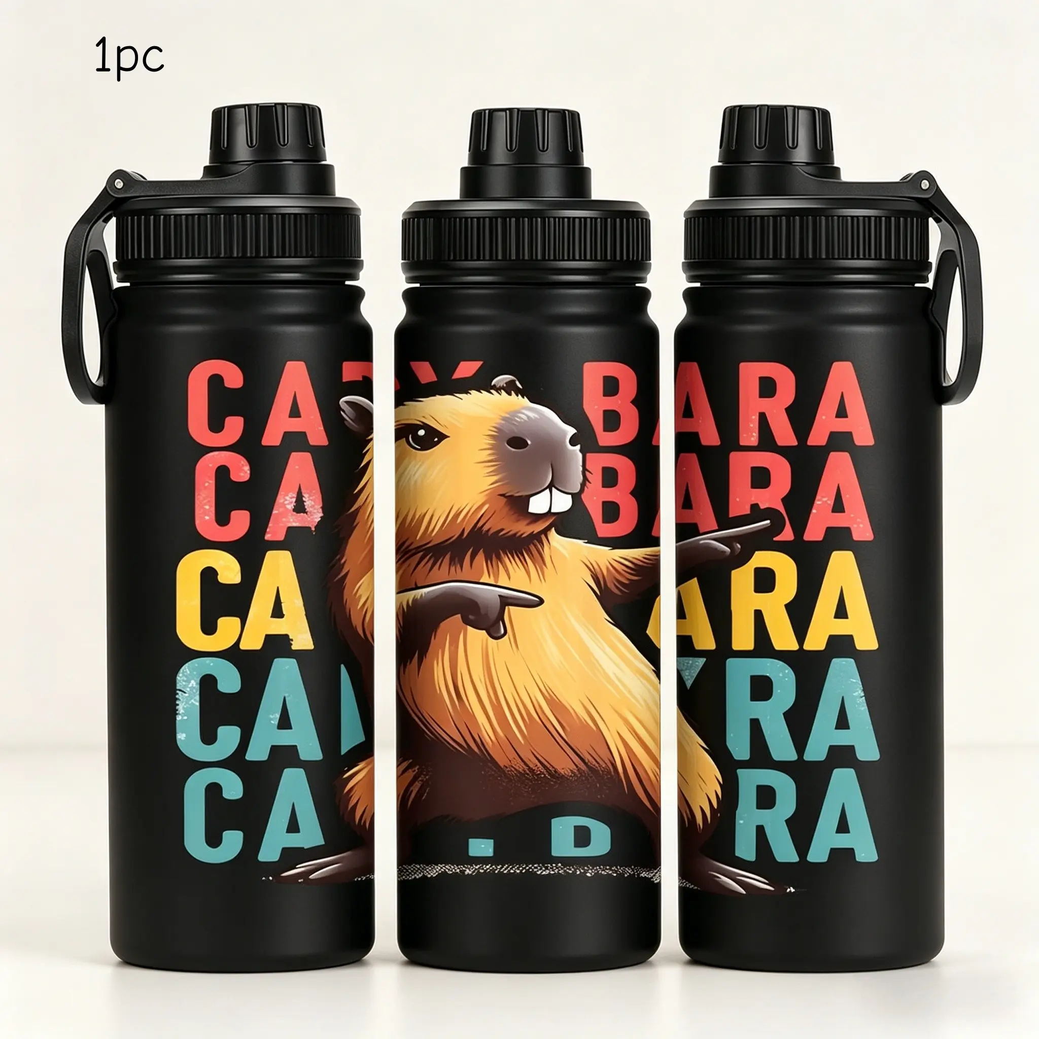1pc 20oz Stainless Steel Insulated Water Bottle, a must-have for capybara lovers! Stylish black design, high-quality student sports water bottle with handle, suitable for outdoor and indoor fitness, a personalized birthday/holiday gift.
