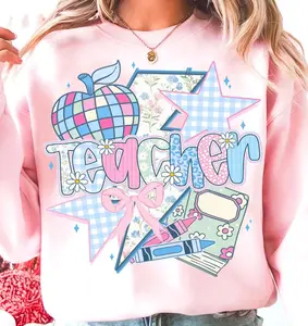 Boho Brushstroke Teacher Floral Coquette Bow Sweater, Teach Love Inspire Shirt, Retro Teaching Life Gift Png, Grandmillennial Floral Teacher Tee