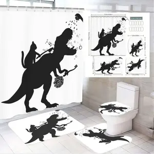 1/4pcs Easter & St Patrick's Day Black White Dinosaur & Cat Bathroom Set - Shower Curtain (T-Rex with Bubble Brush, Cat on Back) + 2 Bath Mats + Toilet Decal, Playful Silhouette Bathroom Decor for Kids' Bathrooms, Birthday & Spring Gift