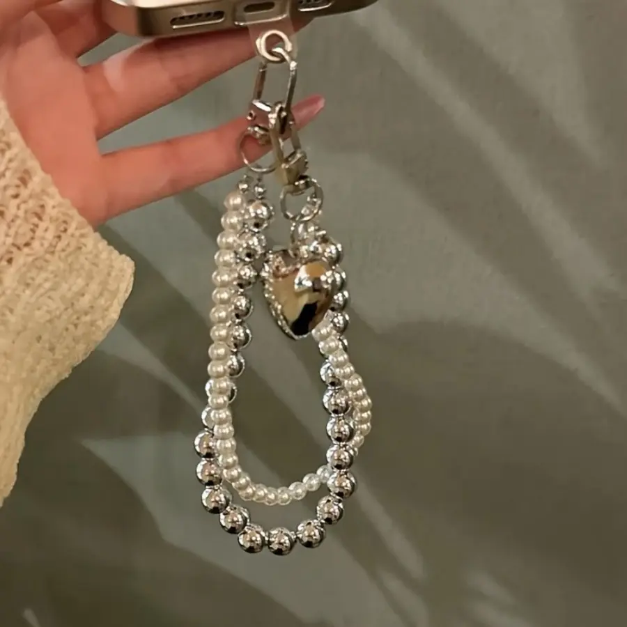 Simple imitation pearl double chain heart-shaped phone chain suitable for phone cases, universal hanging chain, camera chain, Cell Phone Charm, Phone Lanyard, Cellphone Accessories, Mobile Phone Lanyard