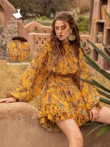 Vintage Stand Collar Ruched Long Sleeve Lantern Sleeve Floral Print Boho Bohemian Lady Spring Dress, Perfect for Daily, Beach Vacations, Weekend Parties, Garden Parties, Casual Wear