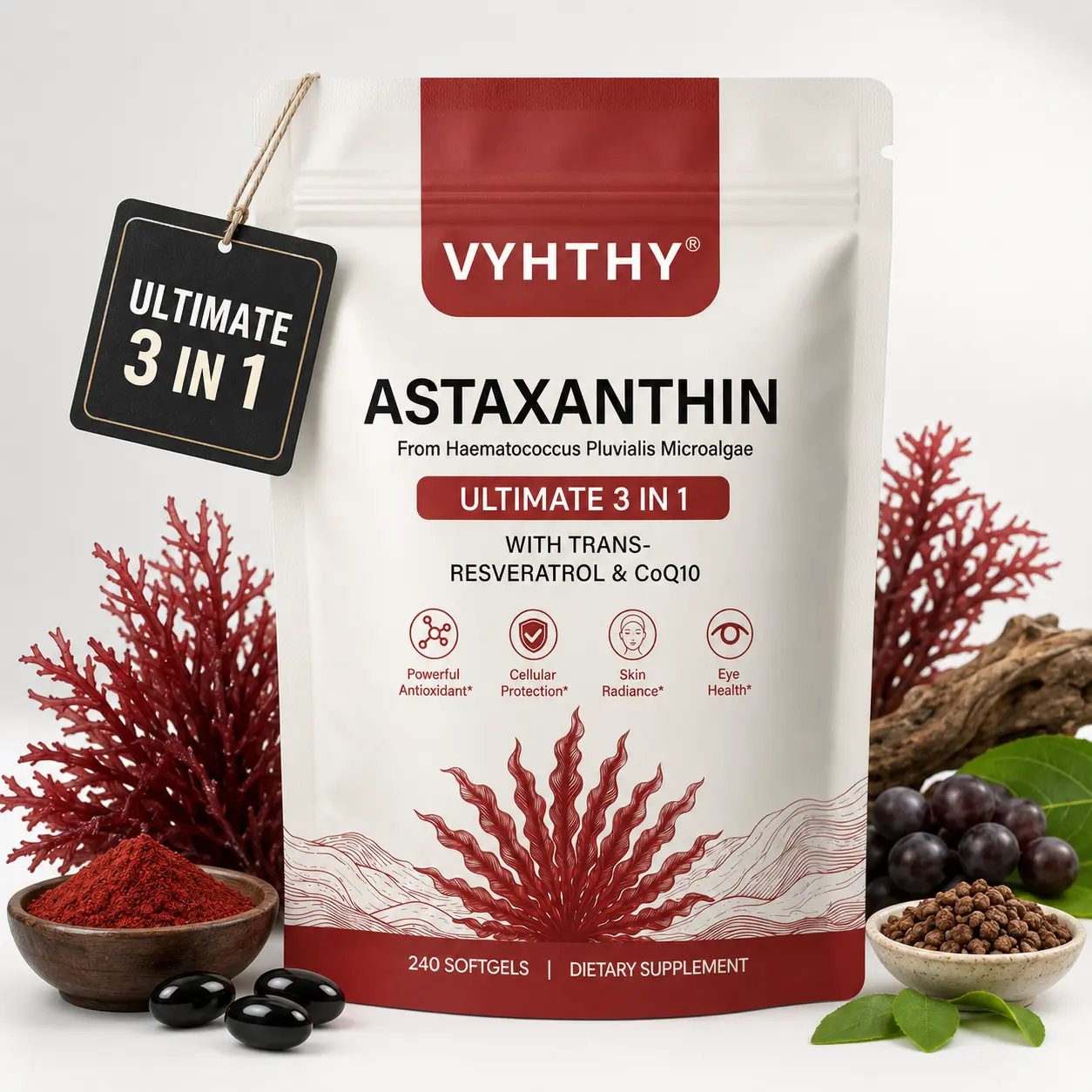 VYHTHY Ultimate 3-in-1 Astaxanthin 12mg with Trans-Resveratrol 100mg & CoQ10 50mg, 240 Softgels | Enhanced Bioavailability with Coconut MCT Oil & Piperine | Cellular Antioxidant for Skin Radiance, Eye & Heart Health