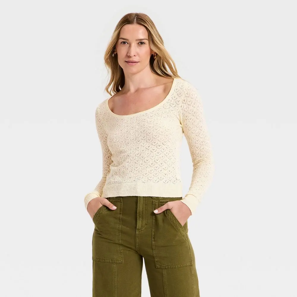 Women's Scoop Neck Pullover Knitwear Sweater - Nylon Ribbed Fabric Garment, Universal Fit, Basic
