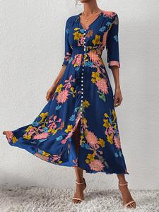 women's boho floral tied button front split long maxi dress, spring summer beach vacation half sleeve v neck a-line dresses, summer outfits 2024
