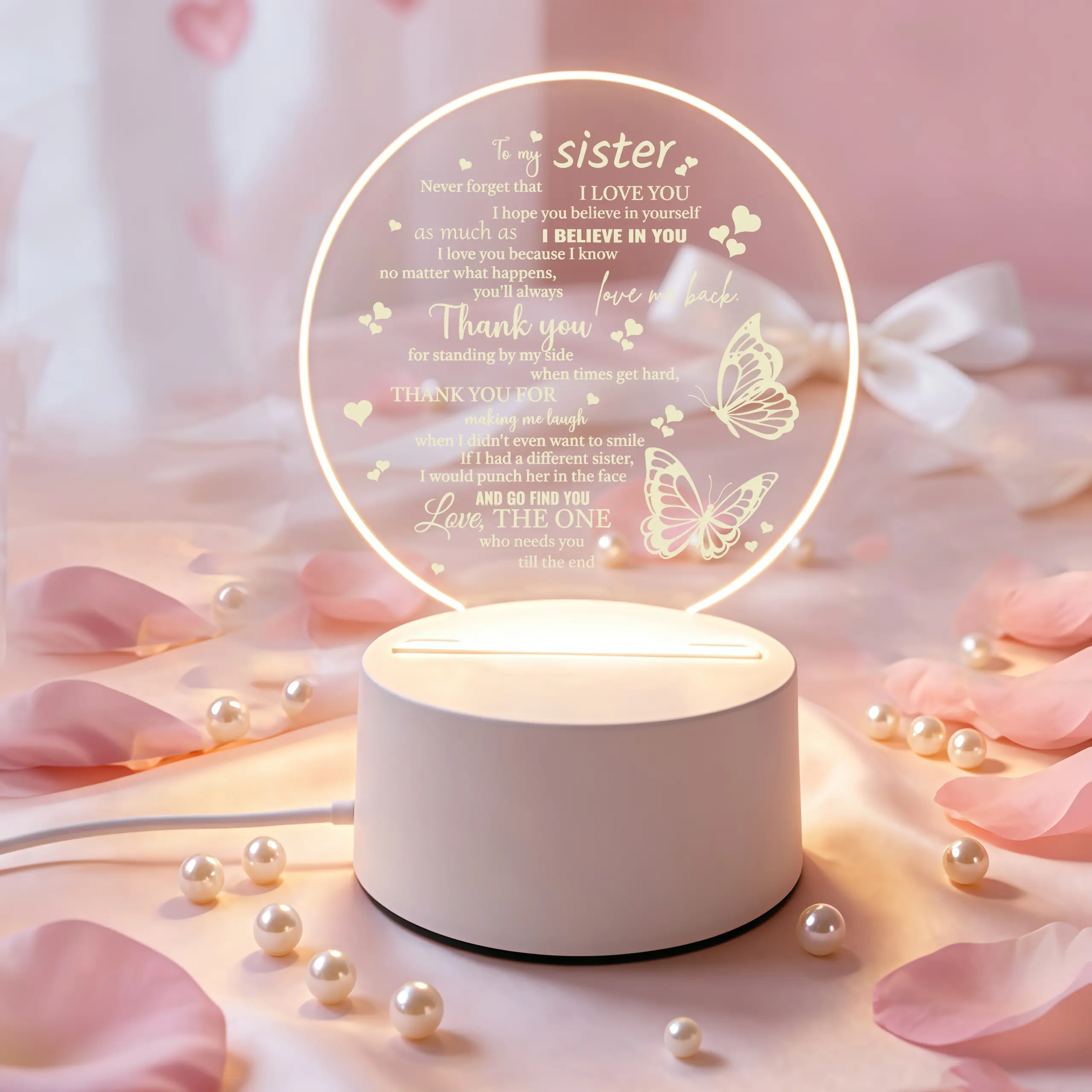 Butterfly LED Night Light - Flat Acrylic LED Decoration Lamp with Butterfly Quote, Warm Glow Backlit Room Decor, Desk Lamp for Bedroom Bedside, Sister Birthday Christmas Gift