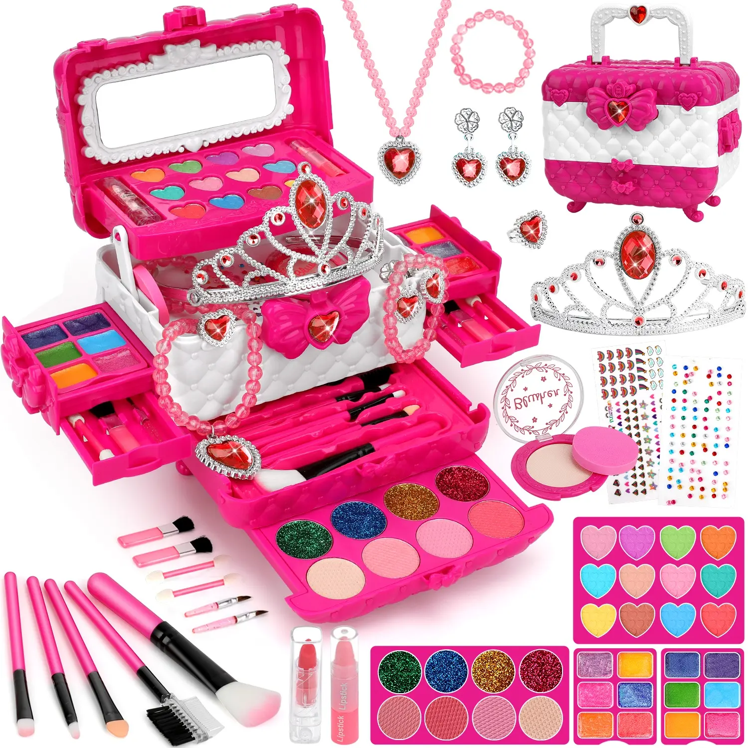 56 Piece Kids Makeup Set, Washable Real Makeup Kit, Girl Role Play Jewelry Necklace, Princess Costume Accessories, Pretend Play Set, Playset, Birthday Gift for Ages 3+