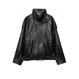Black Faux Leather Jacket Stand Collar Oversized Moto Biker Jacket Elastic Hem Streetwear Casual Long Sleeve Waterproof Windproof Outerwear for Spring & Fall Ladies Clothes for Daily Wear - Coats active woman overcoat  line  dress slim-fitting style knit
