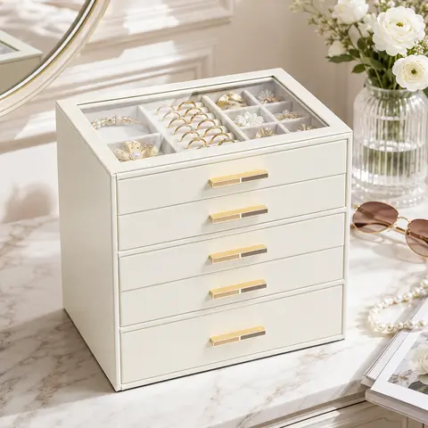 VLANDO Women's Classic Eco-Friendly 5-Drawer Rectangle Jewelry Box - Large Dustproof Home Organizer with Glass Lid, Divided Compartments, Multilayer Storage for Bedroom Jewelry Organization, Office & Beauty Use