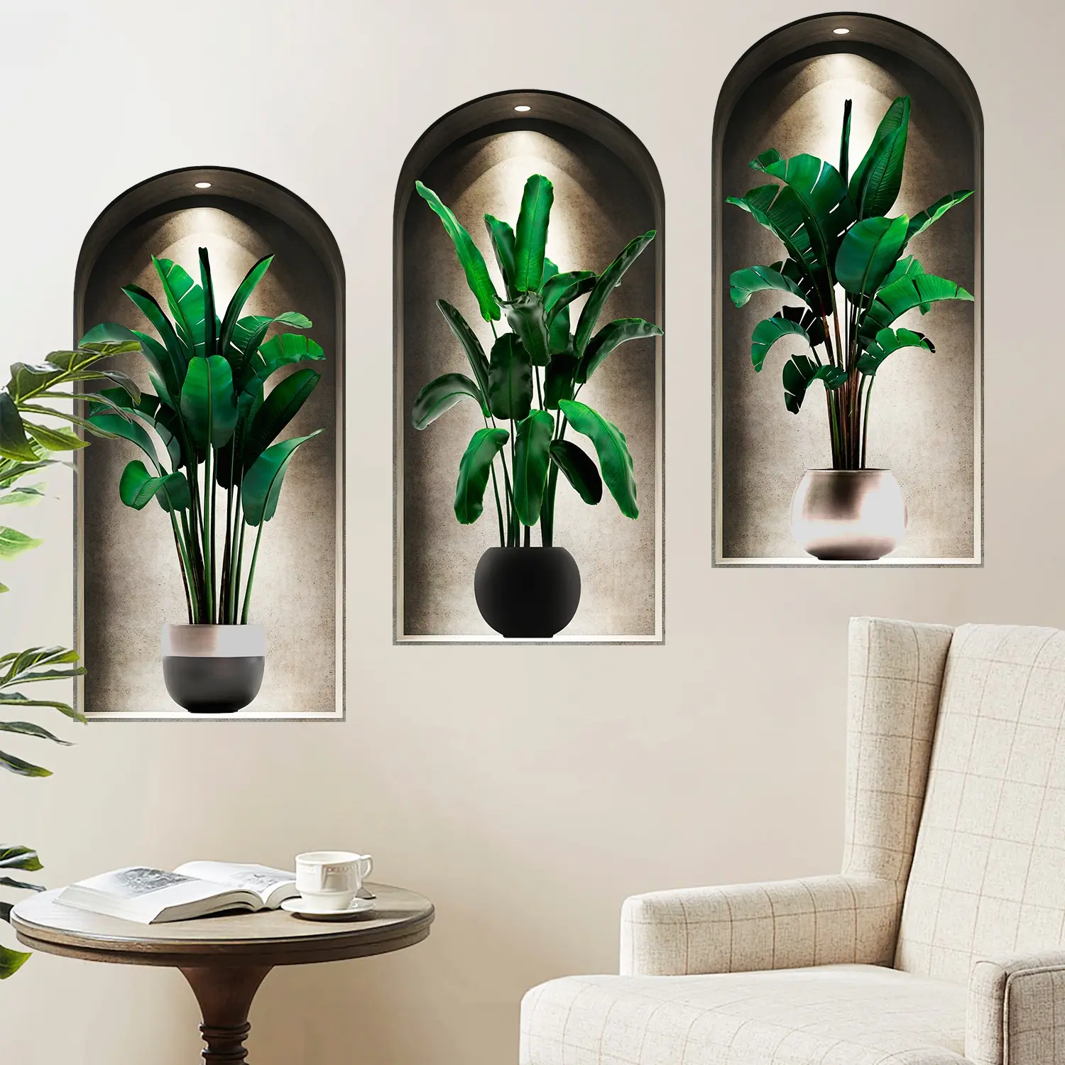 3-piece set, Nordic green plant themed simulated arched window flower basin wall sticker, self-adhesive removable decorative sticker, suitable for wall decoration in living rooms, dining rooms, and study rooms, Wall Art Stickers, Home Decor
