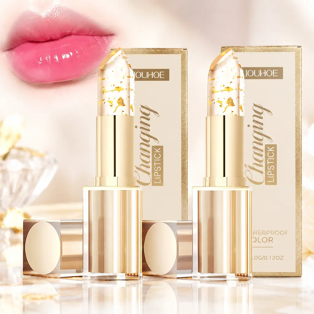 pH Color-Changing Lipstick Duo Pack (3.5g Each) - Transfer-Proof Long-Wearing Lip Care, Hydrating Moisturizing Glossy Cosmetic, Non-Sticky Smooth Glowy Glazing Lipstick & Lip Gloss with Gold Crystal for Winter Self-Treat