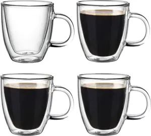 Double Wall Glass Coffee Mugs, 4-Pack 5.5 Ounces - Clear Glass, Insulated, Heat Resistant Double Wall Glass Coffee Mugs, 4-Pack 5.5 Ounces - Clear Glass, Insulated, Heat Resistant