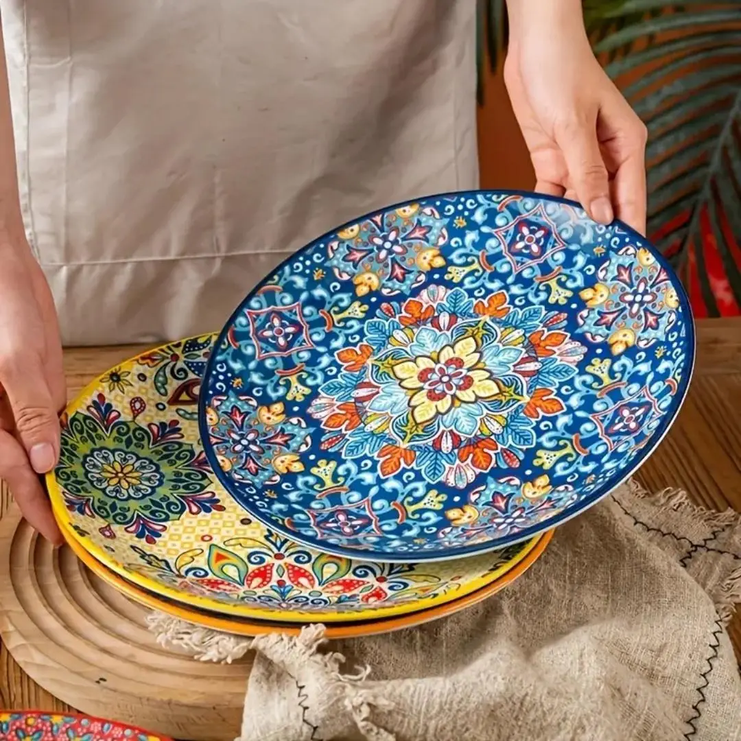 Bohemian Hand-painted Round Ceramic Plate, Colorful Floral Pattern Dinner Plate, Exquisite Serving Plate, Decorative Plates, Dishwasher Safe Tableware for Home Kitchen Dining Room