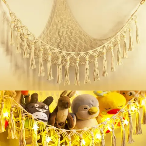 Stuffed Animal Toy Storage Hammock with LED Light - Macrame Jumbo Doll Corner Stuff Animals Organizer Decorations - Cute Hanging Plushie Net Kids Baby Nursery Bedroom Room Decor