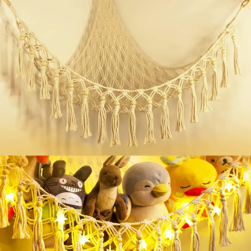 Stuffed Animal Toy Storage Hammock with LED Light - Macrame Jumbo Doll Corner Stuff Animals Organizer Decorations - Cute Hanging Plushie Net Kids Baby Nursery Bedroom Room Decor