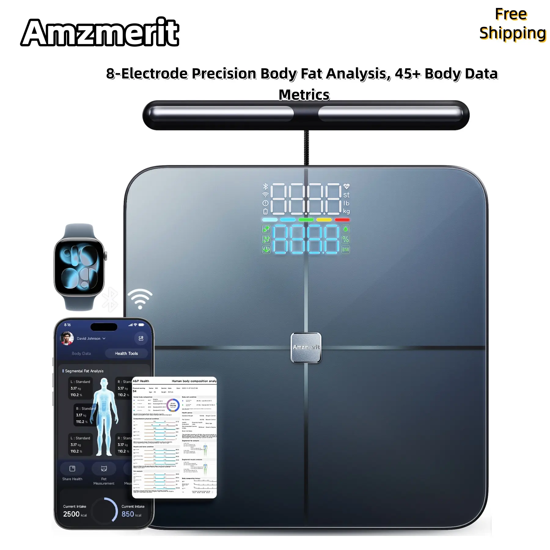 Amzmerit Smart Body Fat Scale — 8-Electrode Precision Measurement of Weight, BMI, and 45 Health Metrics; Supports Dual-Mode "Bluetooth + WiFi" Connectivity; Body Composition Monitor with Smartphone App Support