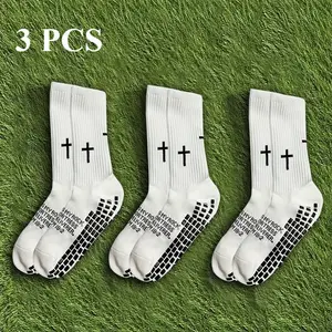 3 Pairs of Unisex Non-Slip Soccer Men's Socks - Mid-Calf, Non-Slip, Sweat-Wicking, Durable, Terry Cloth Sole, Suitable for Soccer, Cycling, Rock Climbing, and Running. Sizes 8-12. Breathable,  Multi-Functional Running Socks with Cross Pattern Football