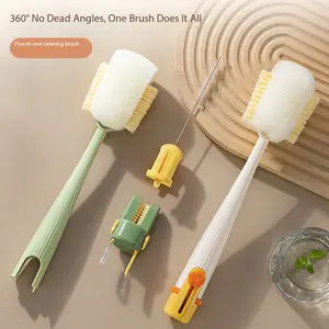 1，5-in-1 Multi-functional Water BottleCleaning Brush-360°Bottle CleaningBrush with Long Handle -Gap CleaningBrush Soft Bristle Cup Cleaner for BabyBottles, Sports Bottles, Hydro FlasksLids, Teapots, Bowls & Home KitchenTasks Cordless Rotary Shower Cleanin