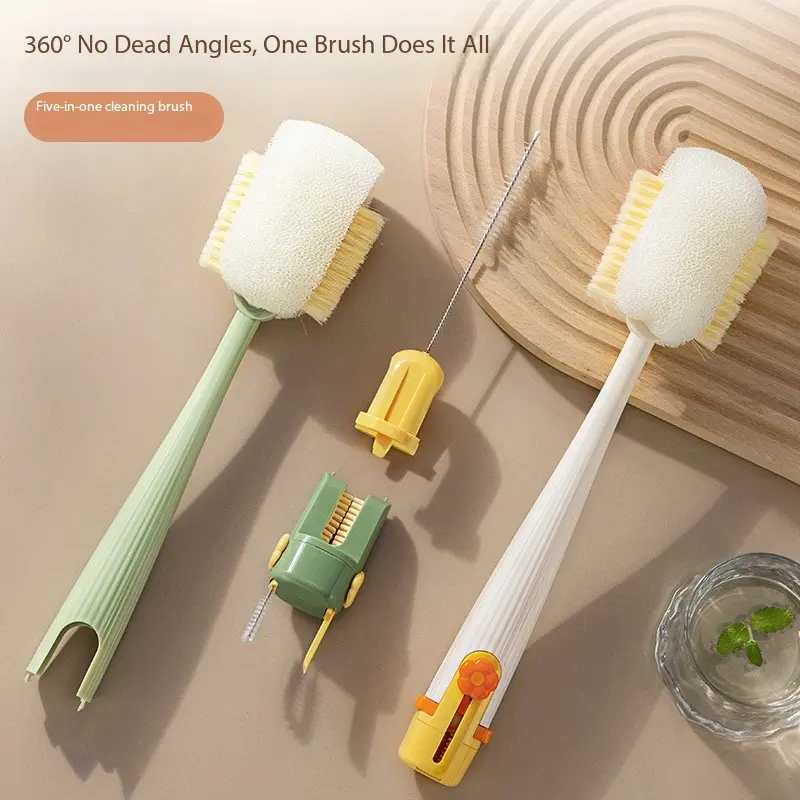 1，5-in-1 Multi-functional Water BottleCleaning Brush-360°Bottle CleaningBrush with Long Handle -Gap CleaningBrush Soft Bristle Cup Cleaner for BabyBottles, Sports Bottles, Hydro FlasksLids, Teapots, Bowls & Home KitchenTasks Cordless Rotary Shower Cleanin