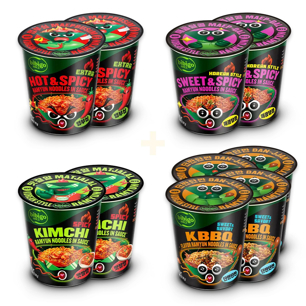 bibigo Korean-Style Ramyun Noodle Cup Variety Pack | Sweet & Savory KBBQ, Sweet and Spicy, Spicy Kimchi, and Extra Hot & Spicy
