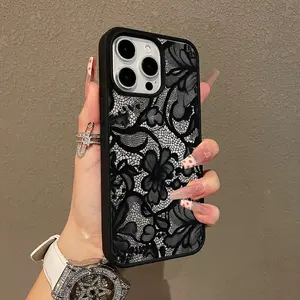 Adorable Magnetic Case for iPhone11/12/13/14/15/16/17/promax Black Lace Pattern MagSafe Compatible, Lightweight, Anti-Fall |   Girly & Chic Style