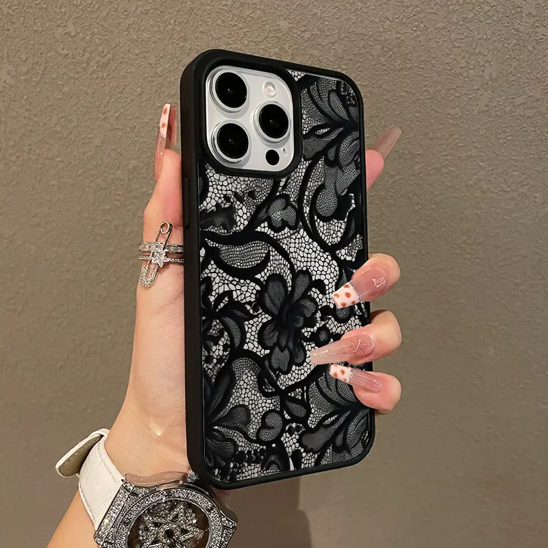 Magnetic Black Lace Pattern Phone Case for iPhone 11/12/13/14/15/16/17 Pro Max, MagSafe Compatible Smartphone Protection, Lightweight Handheld Devices Cover with Anti-Fall Resistance, Girly Chic Style, Casing