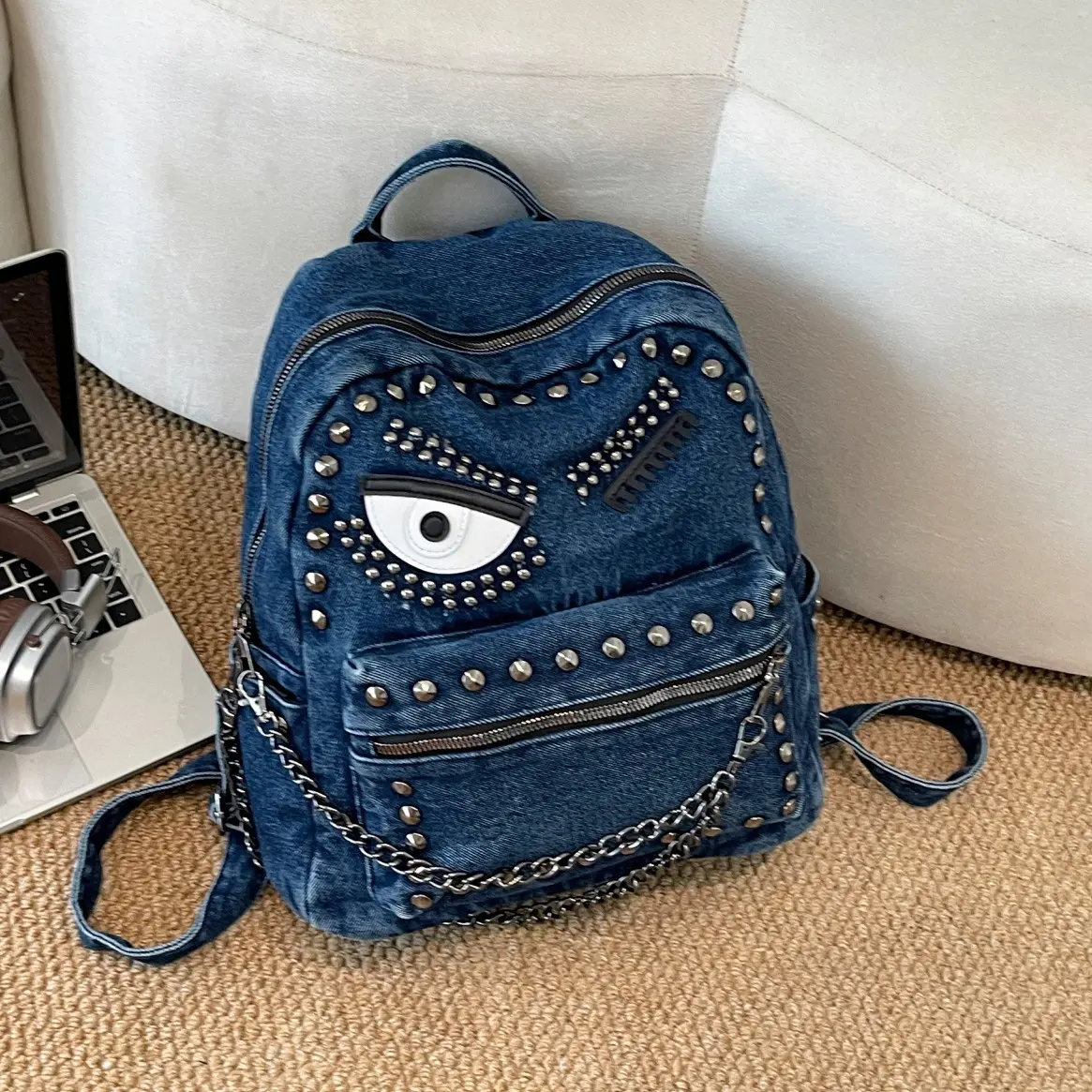 Vintage Washed Gothic One-Eye Rivet Backpack, American Street Style Chain Decor Couple Backpack, Punk Casual Daily Travel School Backpack