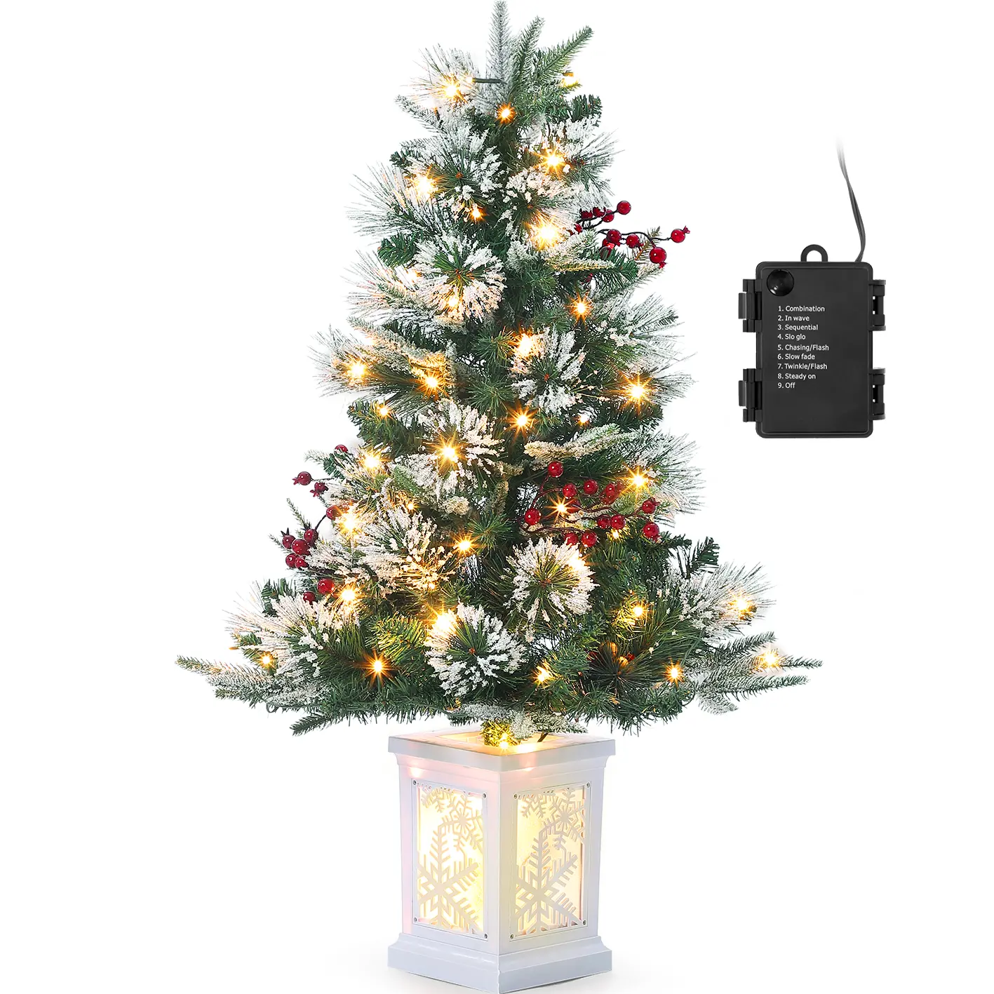 3FT Pre Lit Premium Potted Flocked Arctic Fir Christmas Tree, Artificial Mini Pre Lit Xmas Tree Christmas Decoration Snowflake White Base- 1PC Box Insert