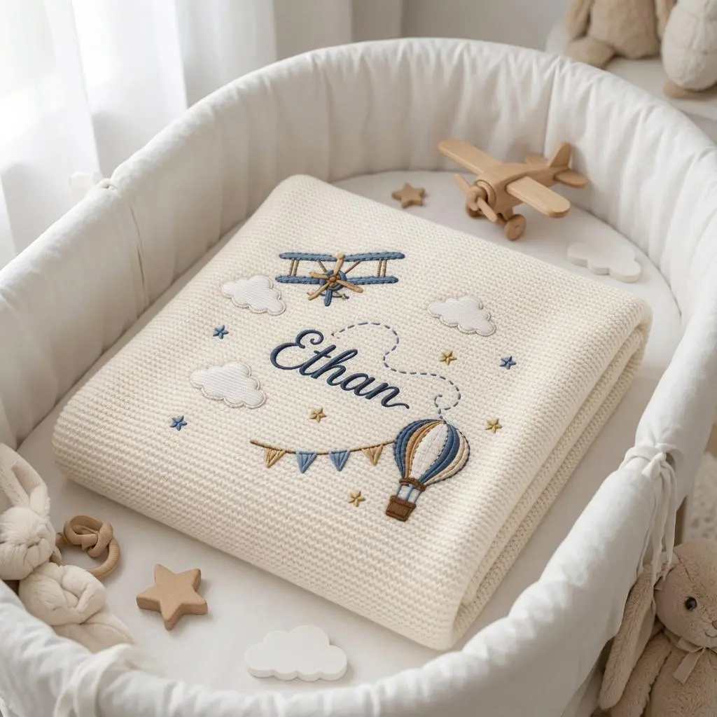 [Made-to-Order] Personalized Embroidered Airplane Balloon Baby Blanket, Custom Knit Baby Blanket with Name for Newborn, Travel Nursery Gift, Newborn Keepsake Gift