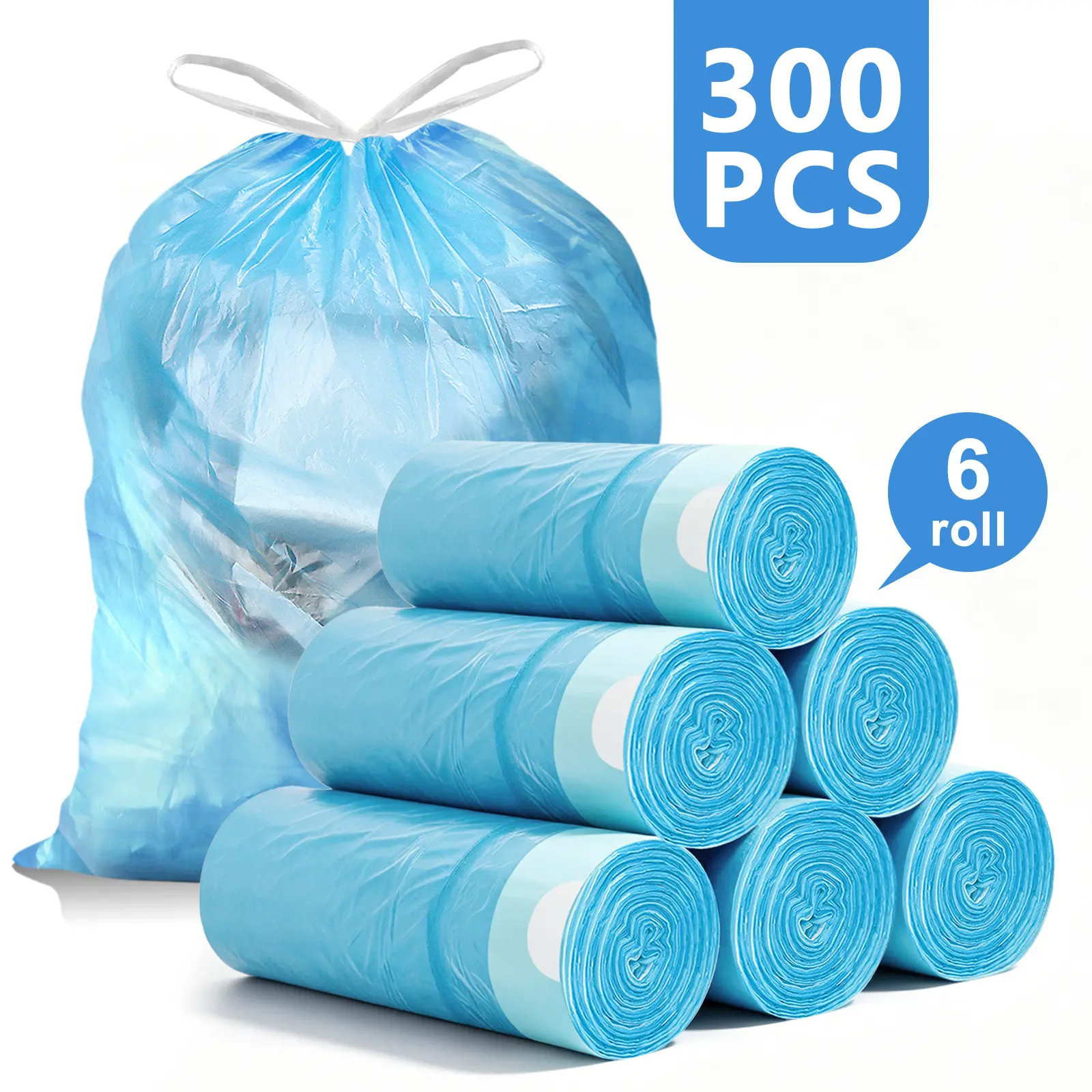 4-Gal Sturdy Blue Plastic Unscented Trash Bags Set, Waterproof Household Bin Liners, 300-Count Home Care Supplies for Bathrooms, Kitchen Garbage Bags for Balcony Use
