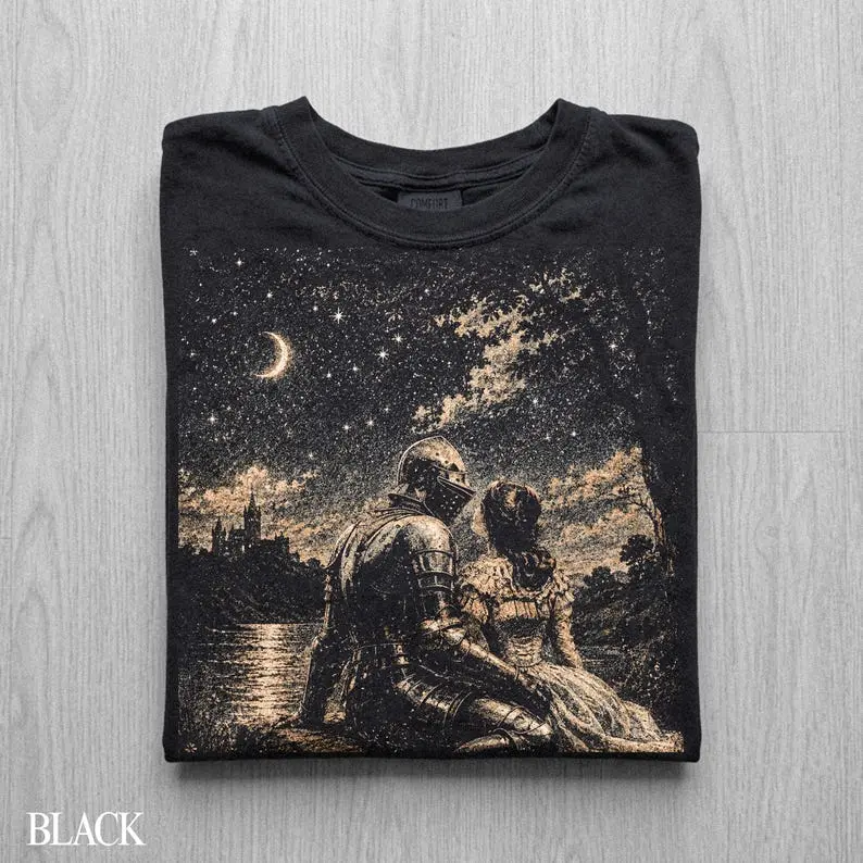 Dark Fantasy Shirt, Medieval Knight Princess Tee, Gothic Romance T-Shirt, Moonlit Castle Graphic Tee, Vintage Fantasy Gift, Comfort Colors