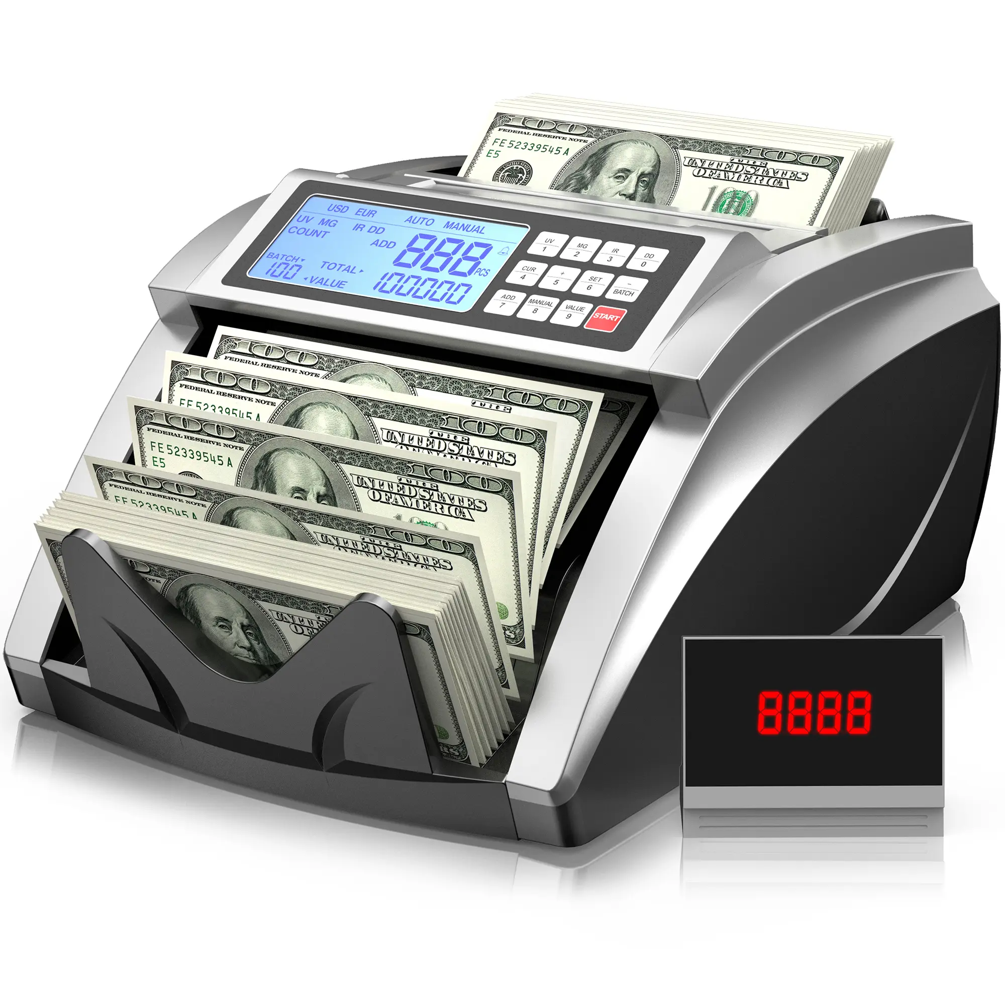 Money Counter Machine with Value Bill Count,moeny counting machine Cash Counter for Dollar, Euro with UV/MG/IR/DD/DBL/HLF/CHN Counterfeit Detection, Add/Bat/Value Mode Bill Counting Machine with Large LCD Display