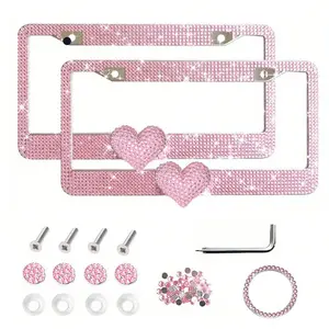 2PCS Glitter Diamond License Plate Frame Set, Stainless Steel Rhinestone Frame With Sparkling Screw Caps, Multi-Color Pink Heart Design, Car Decor Accessories, Easy Install & Durable, Personalized Auto Upgrade outdoorfun