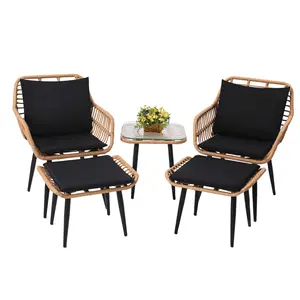 5 Piece Wicker Bistro Patio Conversation Furniture Set, Includes 2 Chairs, 2 Ottomans, and Side Table, Ideal for Porch, Balcony, Deck, Backyard, Natural