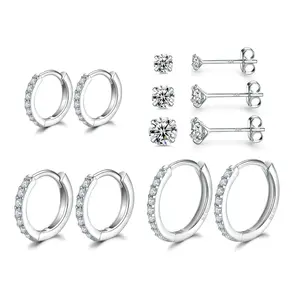 Sterling Silver Hoop Earrings | Women's Sterling Silver Stud Earrings - 6 Pairs Hypoallergenic Micro Cubic Zirconia Stud Earrings Set and Girls Cartilage Earrings