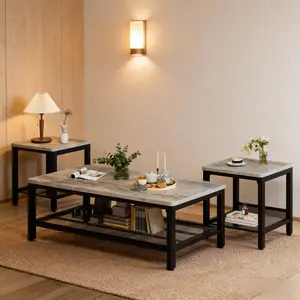 Industrial Coffee Table Set Of 3, Includes 1 Round Coffee Table And 2 Square End Side Tables, Metal Frame & [Table Top Material] Top, For Living Room Home Office