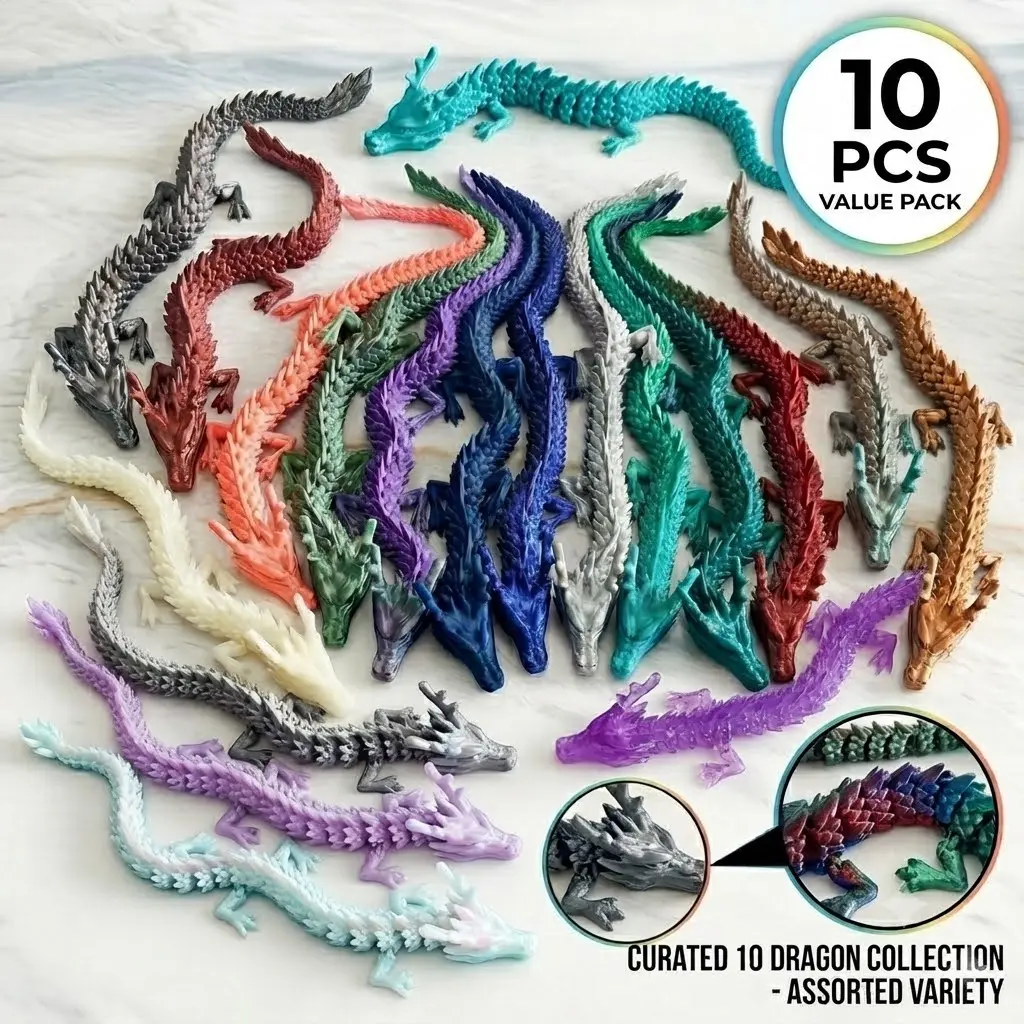 11.81-inch random color large-sized 10-piece 3D printed dragon, with multiple joints for flexible movement, suitable for home decoration, an ideal choice for popular collectors and fantasy enthusiasts, handmade decorative item [color random]