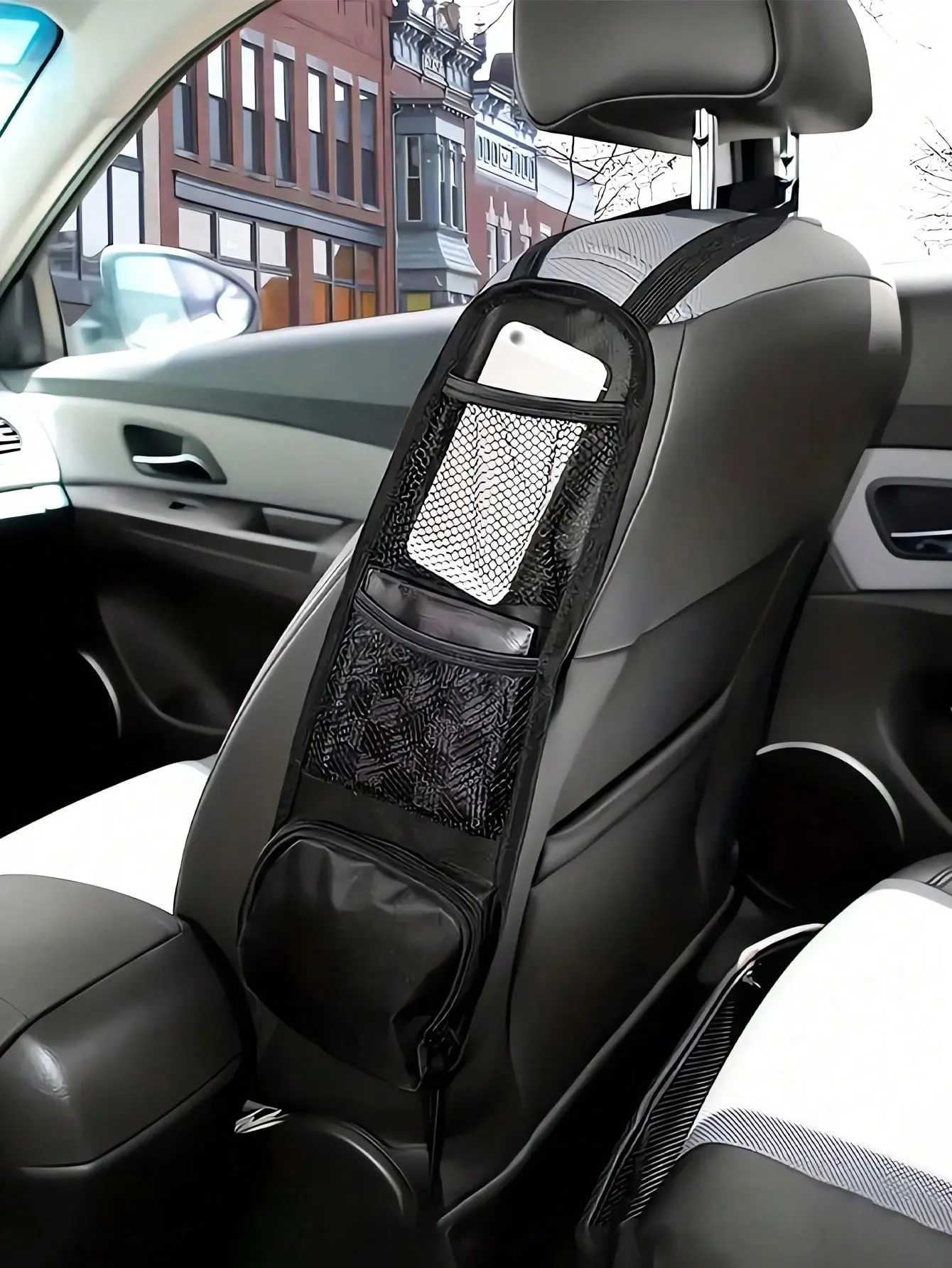 2-Pack Car Seat Side Organizer, Auto Interior Storage Hanging Bag with Mesh Pocket for Phones, Drinks, Small Items, Car Interior Decor Compatible with SUVs, Trucks