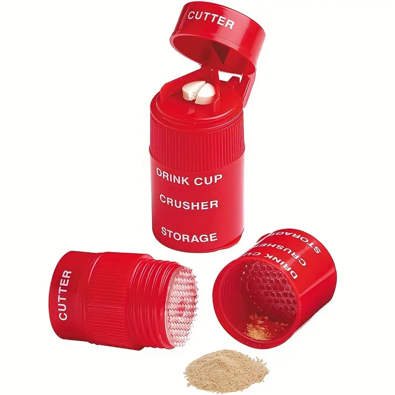 1pc 2 IN1 Pill Crusher, Creative Cutter and Grinder for Pills, Vitamins, Tablets, Stainless Steel Blade, Removable Drinking Cup, Portable Medicine Box, Medicine Organizer