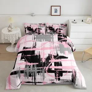 Feelyou Twin Size Bed Comforter Set - Pink, Grey, Black Abstract Geometric Striped Bedding, Breathable Duvet Set with Home Decor Pillow (Also Fits Queen Size Comforter Needs), Comforter Queen Size
