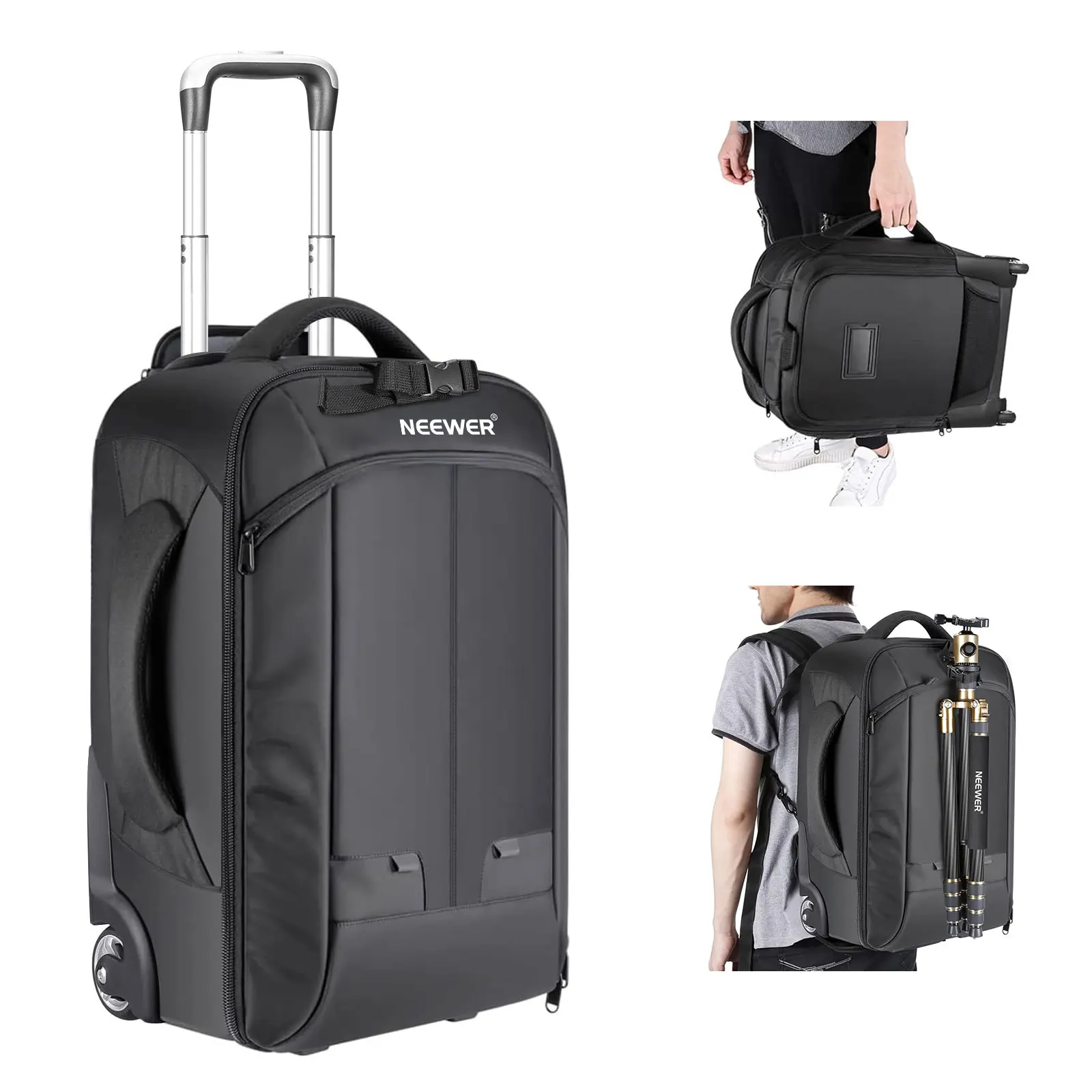 NEEWER NW3300-G 2-in-1 Adjustable Portable Rolling Camera Backpack - 22"x14"x10" Wheeled Bag with Telescopic Handle, Padded Dividers, 17" Laptop Compartment, Cover, Flash Storage, Protection for DSLR, Lenses & Photography Gear