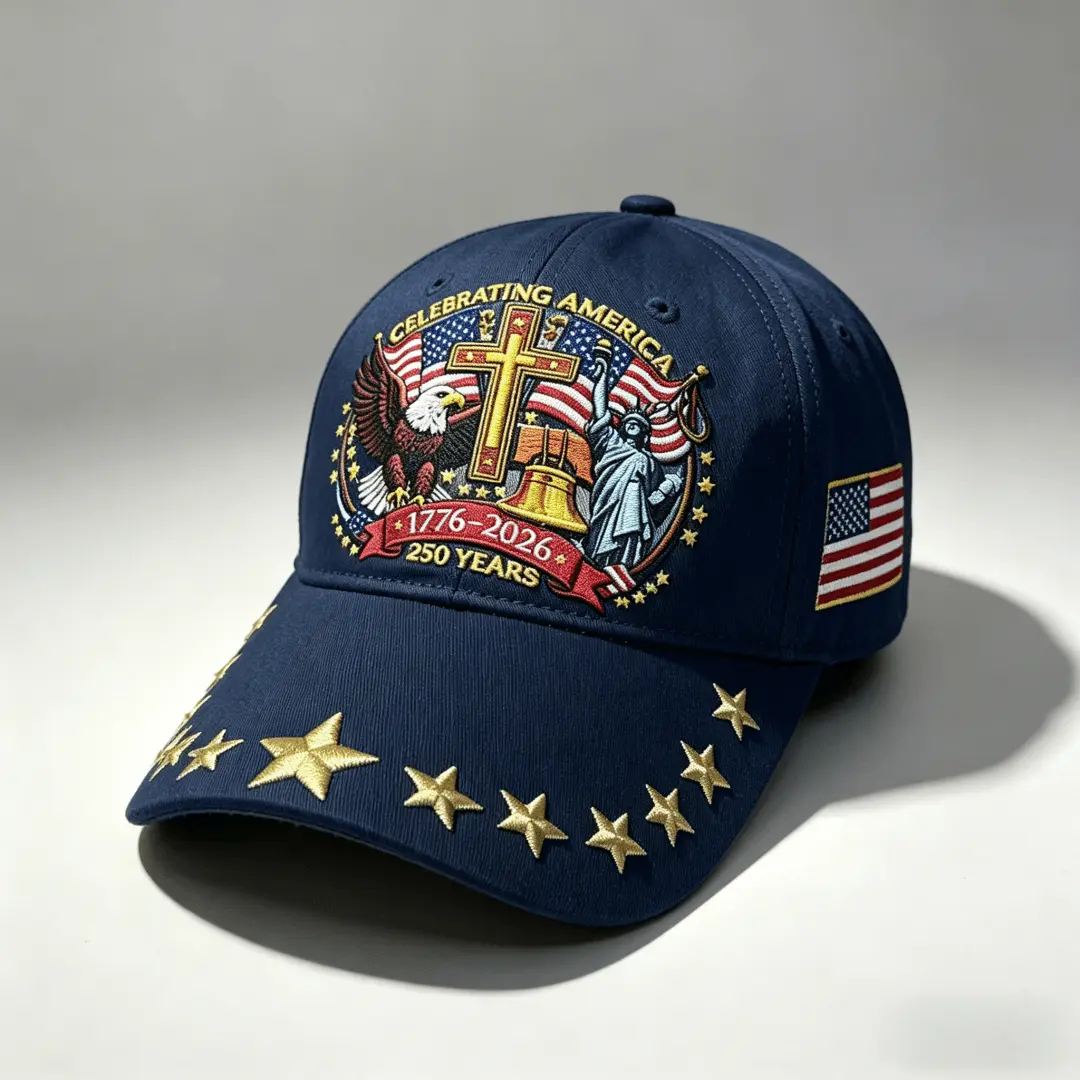 USA 250th Anniversary Embroidered Baseball Cap, Patriotic American Flag Dad Hat with Gold Star Brim, Vintage Adjustable Streetwear Hat for Men & Women, 4th of July Outfit & Outdoor Casual Cap