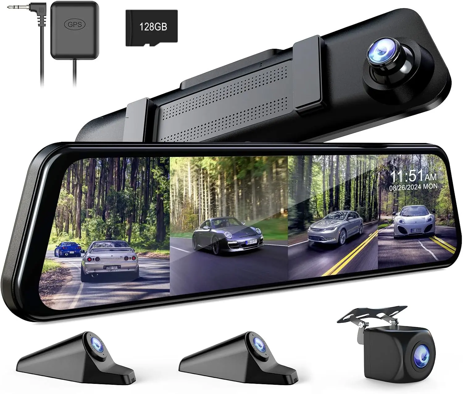 360 Degree View 4 Channel Mirror Dash Cam Detached Camera for Cars，Dash Cam Front and Rear Side(Left,Right),12'' Rear View Mirror Camera FHD1080Px4，Night Vision,GPS,Parking Monitor,Free 128GB Card#Summervibes
