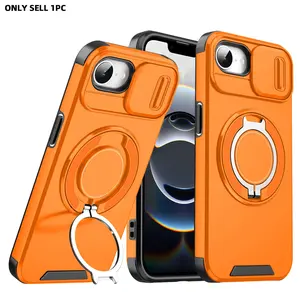 for iPhone 17E 16E (6.1") Shockproof Case Protector with Rotating Phone Ring Holder Kickstand/Slide Camera Cover, Compatible with MagSafe, Hard Plastic Shell Protective Rugged Magnetic Slim Cover Accessories