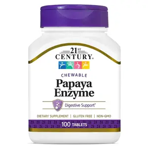 21st Century Papaya Enzyme Chewable (100 Count), Papaya & Pineapple Digestive Enzymes for Gut Health, Tropical Flavor, Non-GMO, Gluten-Free, No Added Salt, Yeast, Artificial Flavors
