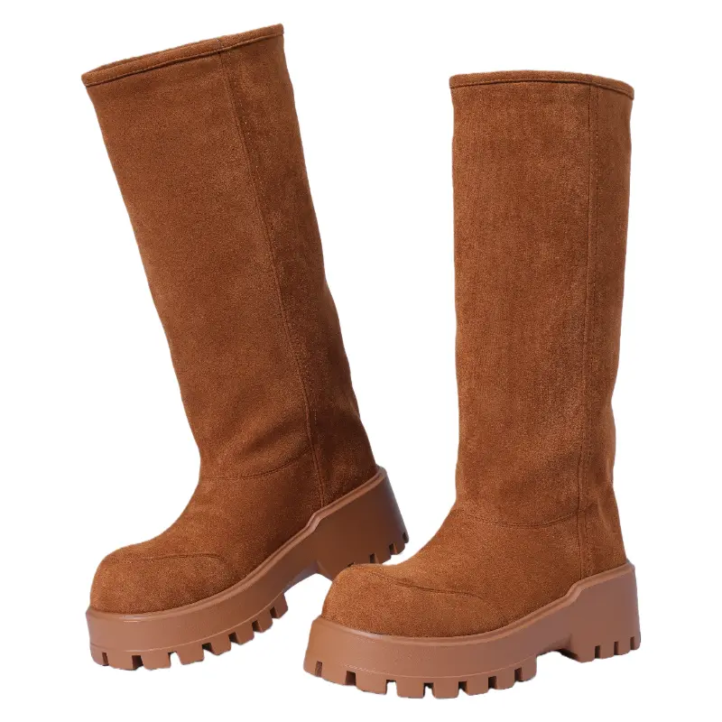 Women's Chic Suede Leather Mid-Calf Snow Boots - Chunky Round Toe Platform Block Heel, Warm Lamb Fur Lined Winter Footwear, Cuban Plain Luxurious Black Women's Boots
