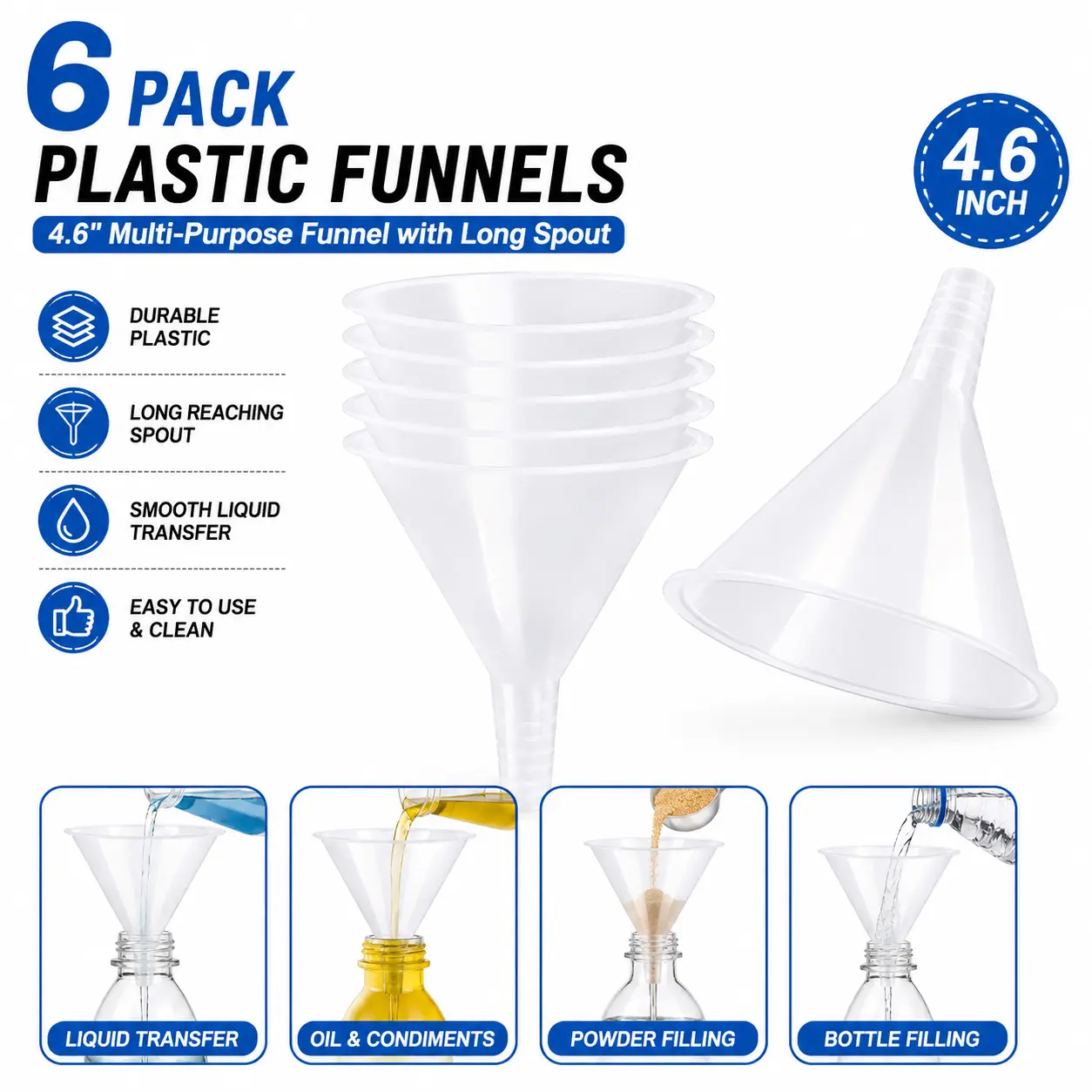 6 Pack Plastic Funnels, 4.6 Inch Multi-Purpose Clear Plastic Funnels with Long Reaching Spout for Science Lab Bottle Filling Liquid,Water Bottle,Easy and Smooth Transfer