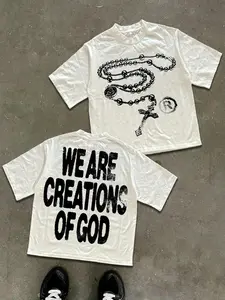 We Are Creations Of God’ Rosary Short Tee Menswear — Hot-Selling Streetwear, Casual! Double-Sided Religious Graphic Print, Navy Base, Round Neck & Oversized Fit For Urban Cool Style. Trendy Statement Top, Fashion.