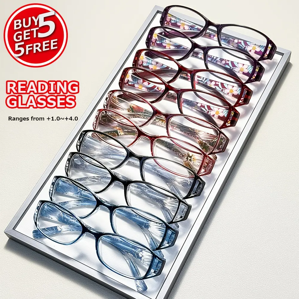 10PCS Affordable Square Transparent Frame Floral Pattern Legs Lightweight Frame Anti-Blue Light Reading Glasses, Reading Eyeglasses, Suitable for Reading Newspapers, Books, Reading Stories