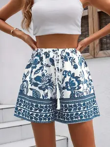 Women's Ethnic Pattern Floral Tie Front Shorts, Bohemian Boho Casual Shorts for Summer, Women's Bottoms for Daily Wear